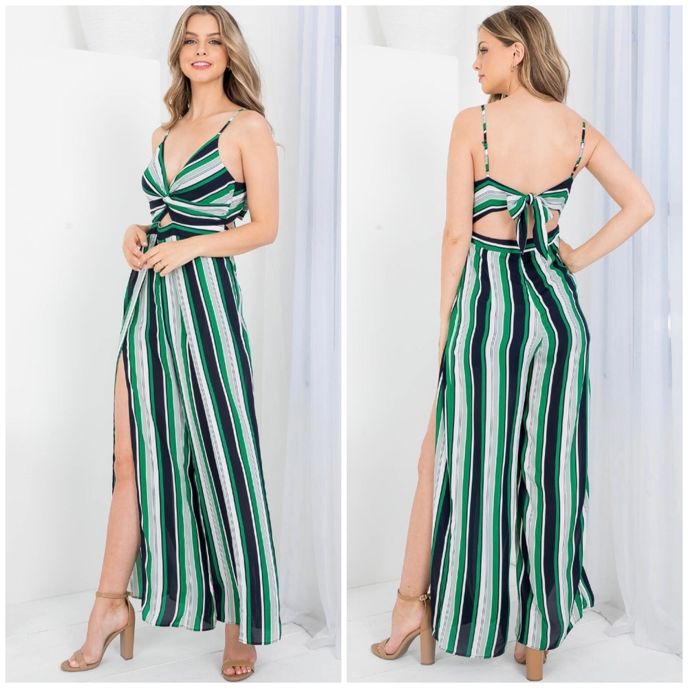 ILLA ILLA Sexy Green Striped Bow Tie Back Slit Straight Leg Jumpsuit - Picture 6 of 11